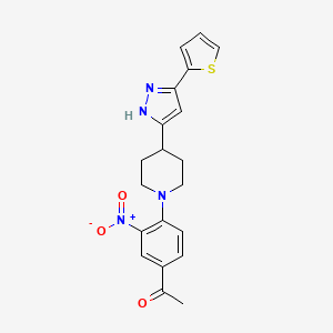 molecular formula C20H20N4O3S B2909172 1-(3-nitro-4-{4-[5-(2-thienyl)-1H-pyrazol-3-yl]piperidino}phenyl)-1-ethanone CAS No. 1024018-70-9