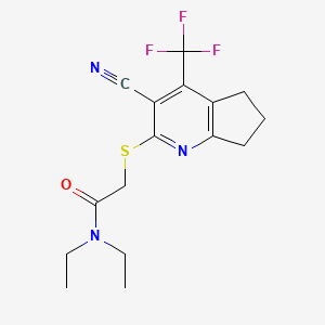 molecular formula C16H18F3N3OS B2909289 2-{[3-cyano-4-(trifluoromethyl)-6,7-dihydro-5H-cyclopenta[b]pyridin-2-yl]sulfanyl}-N,N-diethylacetamide CAS No. 626221-50-9