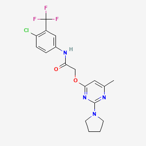 molecular formula C18H18ClF3N4O2 B2909324 N-(4-chloro-3-(trifluoromethyl)phenyl)-2-((6-methyl-2-(pyrrolidin-1-yl)pyrimidin-4-yl)oxy)acetamide CAS No. 1226442-83-6