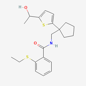 molecular formula C21H27NO2S2 B2909335 2-(ethylthio)-N-((1-(5-(1-hydroxyethyl)thiophen-2-yl)cyclopentyl)methyl)benzamide CAS No. 2034568-81-3