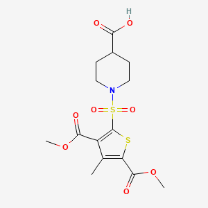 molecular formula C15H19NO8S2 B2909413 1-{[3,5-Bis(methoxycarbonyl)-4-methylthiophen-2-yl]sulfonyl}piperidine-4-carboxylic acid CAS No. 731003-70-6