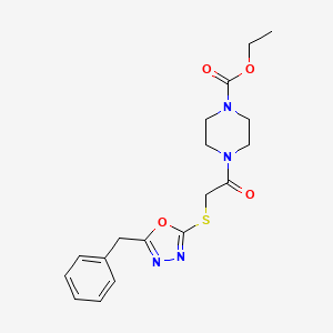 molecular formula C18H22N4O4S B2909434 Ethyl 4-(2-((5-benzyl-1,3,4-oxadiazol-2-yl)thio)acetyl)piperazine-1-carboxylate CAS No. 851129-47-0