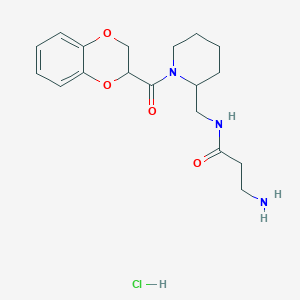 molecular formula C18H26ClN3O4 B2909438 3-Amino-N-[[1-(2,3-dihydro-1,4-benzodioxine-3-carbonyl)piperidin-2-yl]methyl]propanamide;hydrochloride CAS No. 2418717-35-6