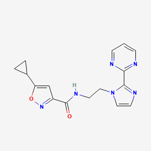 molecular formula C16H16N6O2 B2909528 5-cyclopropyl-N-(2-(2-(pyrimidin-2-yl)-1H-imidazol-1-yl)ethyl)isoxazole-3-carboxamide CAS No. 1448063-13-5