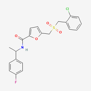 molecular formula C21H19ClFNO4S B2909534 5-(((2-chlorobenzyl)sulfonyl)methyl)-N-(1-(4-fluorophenyl)ethyl)furan-2-carboxamide CAS No. 1448136-30-8