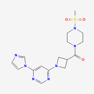 molecular formula C16H21N7O3S B2909574 (1-(6-(1H-imidazol-1-yl)pyrimidin-4-yl)azetidin-3-yl)(4-(methylsulfonyl)piperazin-1-yl)methanone CAS No. 2034477-71-7