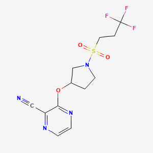 molecular formula C12H13F3N4O3S B2909633 3-((1-((3,3,3-Trifluoropropyl)sulfonyl)pyrrolidin-3-yl)oxy)pyrazine-2-carbonitrile CAS No. 2034253-03-5