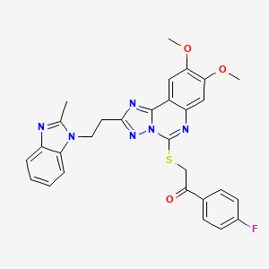 molecular formula C29H25FN6O3S B2909646 2-({8,9-dimethoxy-2-[2-(2-methyl-1H-benzimidazol-1-yl)ethyl][1,2,4]triazolo[1,5-c]quinazolin-5-yl}thio)-1-(4-fluorophenyl)ethanone CAS No. 902594-66-5