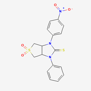 molecular formula C17H15N3O4S2 B2909664 1-(4-nitrophenyl)-3-phenyltetrahydro-1H-thieno[3,4-d]imidazole-2(3H)-thione 5,5-dioxide CAS No. 946359-30-4