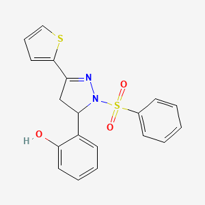 molecular formula C19H16N2O3S2 B2909779 2-(1-(phenylsulfonyl)-3-(thiophen-2-yl)-4,5-dihydro-1H-pyrazol-5-yl)phenol CAS No. 868214-21-5