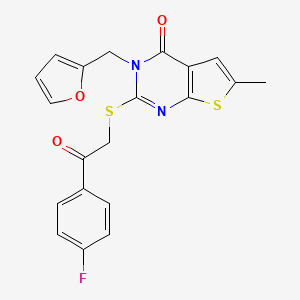 molecular formula C20H15FN2O3S2 B2909849 2-[2-(4-Fluorophenyl)-2-oxoethyl]sulfanyl-3-(furan-2-ylmethyl)-6-methylthieno[2,3-d]pyrimidin-4-one CAS No. 878682-41-8