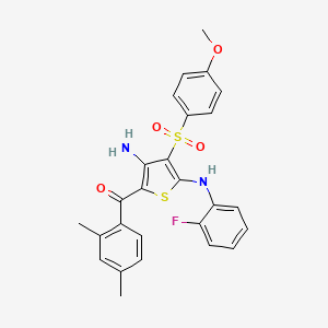 molecular formula C26H23FN2O4S2 B2909965 (3-Amino-5-((2-fluorophenyl)amino)-4-((4-methoxyphenyl)sulfonyl)thiophen-2-yl)(2,4-dimethylphenyl)methanone CAS No. 1115562-98-5