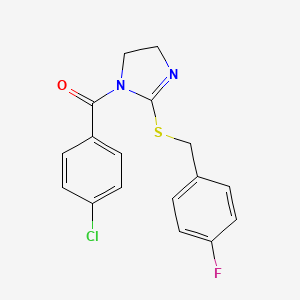 molecular formula C17H14ClFN2OS B2910007 (4-Chlorophenyl)-[2-[(4-fluorophenyl)methylsulfanyl]-4,5-dihydroimidazol-1-yl]methanone CAS No. 851865-83-3