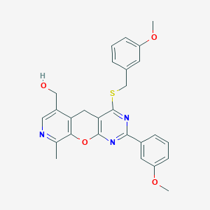 molecular formula C27H25N3O4S B2910024 (4-((3-methoxybenzyl)thio)-2-(3-methoxyphenyl)-9-methyl-5H-pyrido[4',3':5,6]pyrano[2,3-d]pyrimidin-6-yl)methanol CAS No. 892415-08-6