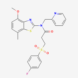molecular formula C24H22FN3O4S2 B2910025 3-((4-fluorophenyl)sulfonyl)-N-(4-methoxy-7-methylbenzo[d]thiazol-2-yl)-N-(pyridin-2-ylmethyl)propanamide CAS No. 886946-96-9