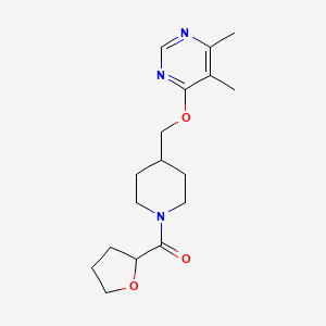 molecular formula C17H25N3O3 B2910045 (4-(((5,6-Dimethylpyrimidin-4-yl)oxy)methyl)piperidin-1-yl)(tetrahydrofuran-2-yl)methanone CAS No. 2320147-32-6