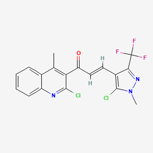 molecular formula C18H12Cl2F3N3O B2910103 (E)-1-(2-chloro-4-methylquinolin-3-yl)-3-[5-chloro-1-methyl-3-(trifluoromethyl)pyrazol-4-yl]prop-2-en-1-one CAS No. 400074-47-7