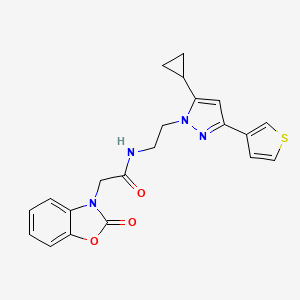 molecular formula C21H20N4O3S B2910117 N-(2-(5-cyclopropyl-3-(thiophen-3-yl)-1H-pyrazol-1-yl)ethyl)-2-(2-oxobenzo[d]oxazol-3(2H)-yl)acetamide CAS No. 2034633-72-0