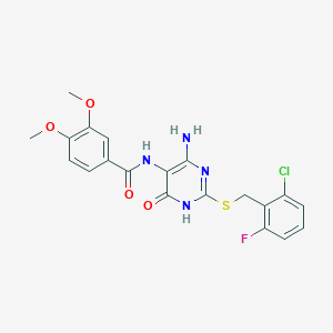 molecular formula C20H18ClFN4O4S B2910123 N-(4-amino-2-((2-chloro-6-fluorobenzyl)thio)-6-oxo-1,6-dihydropyrimidin-5-yl)-3,4-dimethoxybenzamide CAS No. 888423-32-3
