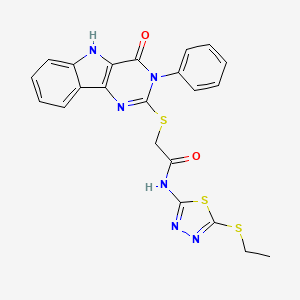 molecular formula C22H18N6O2S3 B2910169 N-(5-(ethylthio)-1,3,4-thiadiazol-2-yl)-2-((4-oxo-3-phenyl-4,5-dihydro-3H-pyrimido[5,4-b]indol-2-yl)thio)acetamide CAS No. 537668-75-0