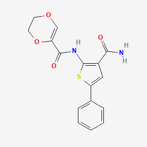 molecular formula C16H14N2O4S B2910196 N-(3-carbamoyl-5-phenylthiophen-2-yl)-5,6-dihydro-1,4-dioxine-2-carboxamide CAS No. 952876-82-3