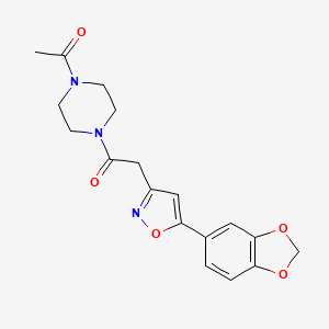 molecular formula C18H19N3O5 B2910200 1-(4-Acetylpiperazin-1-yl)-2-(5-(benzo[d][1,3]dioxol-5-yl)isoxazol-3-yl)ethanone CAS No. 1170253-09-4