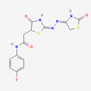 N-(4-fluorophenyl)-2-((E)-4-oxo-2-((E)-(2-oxothiazolidin-4-ylidene)hydrazono)thiazolidin-5-yl)acetamide
