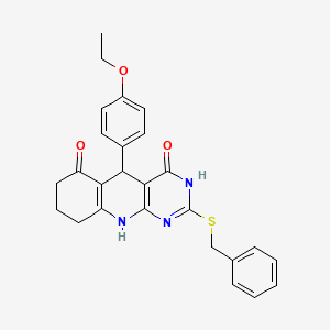 molecular formula C26H25N3O3S B2910261 2-(benzylsulfanyl)-5-(4-ethoxyphenyl)-5,8,9,10-tetrahydropyrimido[4,5-b]quinoline-4,6(3H,7H)-dione CAS No. 537043-24-6