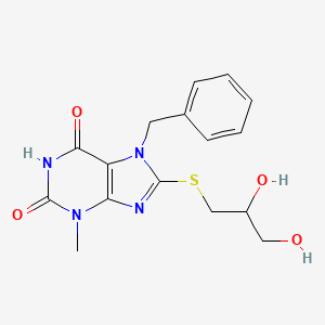 molecular formula C16H18N4O4S B2910278 7-benzyl-8-((2,3-dihydroxypropyl)thio)-3-methyl-1H-purine-2,6(3H,7H)-dione CAS No. 378198-70-0