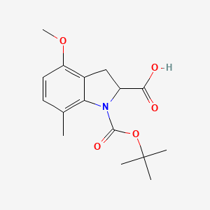 molecular formula C16H21NO5 B2910362 4-Methoxy-7-methyl-1-[(2-methylpropan-2-yl)oxycarbonyl]-2,3-dihydroindole-2-carboxylic acid CAS No. 2137471-19-1