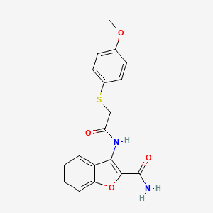molecular formula C18H16N2O4S B2910411 3-(2-((4-Methoxyphenyl)thio)acetamido)benzofuran-2-carboxamide CAS No. 941988-15-4
