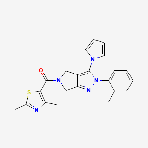 molecular formula C22H21N5OS B2910413 (3-(1H-pyrrol-1-yl)-2-(o-tolyl)pyrrolo[3,4-c]pyrazol-5(2H,4H,6H)-yl)(2,4-dimethylthiazol-5-yl)methanone CAS No. 1251578-86-5