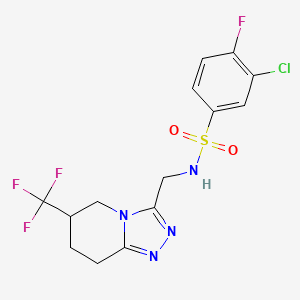 molecular formula C14H13ClF4N4O2S B2910473 3-chloro-4-fluoro-N-((6-(trifluoromethyl)-5,6,7,8-tetrahydro-[1,2,4]triazolo[4,3-a]pyridin-3-yl)methyl)benzenesulfonamide CAS No. 2034520-04-0