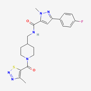 molecular formula C21H23FN6O2S B2910495 3-(4-fluorophenyl)-1-methyl-N-((1-(4-methyl-1,2,3-thiadiazole-5-carbonyl)piperidin-4-yl)methyl)-1H-pyrazole-5-carboxamide CAS No. 1396812-89-7