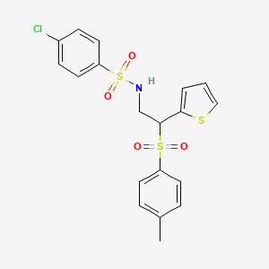 molecular formula C19H18ClNO4S3 B2910566 4-chloro-N-(2-(thiophen-2-yl)-2-tosylethyl)benzenesulfonamide CAS No. 896343-69-4