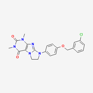 molecular formula C22H20ClN5O3 B2910630 8-{4-[(3-Chlorophenyl)methoxy]phenyl}-1,3-dimethyl-1,3,5-trihydroimidazolidino [1,2-h]purine-2,4-dione CAS No. 1021029-78-6