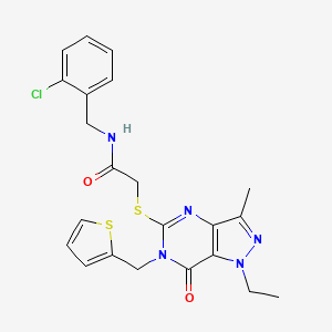 molecular formula C22H22ClN5O2S2 B2910648 N-(2-chlorobenzyl)-2-((1-ethyl-3-methyl-7-oxo-6-(thiophen-2-ylmethyl)-6,7-dihydro-1H-pyrazolo[4,3-d]pyrimidin-5-yl)thio)acetamide CAS No. 1358527-30-6