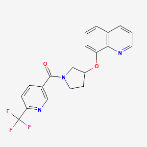 molecular formula C20H16F3N3O2 B2910650 (3-(Quinolin-8-yloxy)pyrrolidin-1-yl)(6-(trifluoromethyl)pyridin-3-yl)methanone CAS No. 1903171-72-1