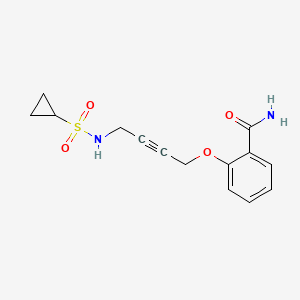 molecular formula C14H16N2O4S B2910671 2-((4-(Cyclopropanesulfonamido)but-2-yn-1-yl)oxy)benzamide CAS No. 1448062-78-9