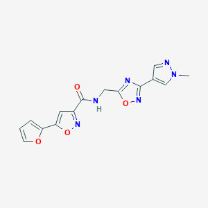 molecular formula C15H12N6O4 B2910697 5-(furan-2-yl)-N-((3-(1-methyl-1H-pyrazol-4-yl)-1,2,4-oxadiazol-5-yl)methyl)isoxazole-3-carboxamide CAS No. 2034521-04-3