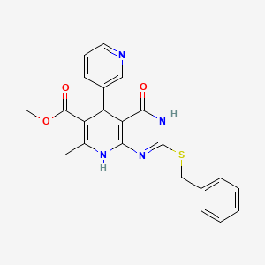 molecular formula C22H20N4O3S B2910760 Methyl 2-(benzylsulfanyl)-7-methyl-4-oxo-5-(pyridin-3-yl)-3,4,5,8-tetrahydropyrido[2,3-d]pyrimidine-6-carboxylate CAS No. 537047-07-7