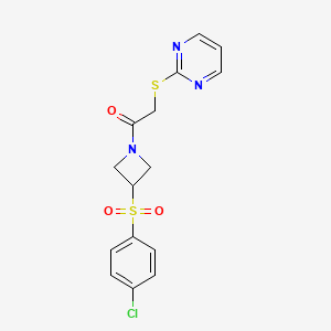 molecular formula C15H14ClN3O3S2 B2910800 1-(3-((4-Chlorophenyl)sulfonyl)azetidin-1-yl)-2-(pyrimidin-2-ylthio)ethanone CAS No. 1797088-00-6