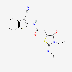 molecular formula C18H22N4O2S2 B2910804 N-(3-Cyano-4,5,6,7-tetrahydro-benzo[b]thiophen-2-yl)-2-{3-ethyl-2-[(Z)-ethylimino]-4-oxo-thiazolidin-5-yl}-acetamide CAS No. 1164465-01-3