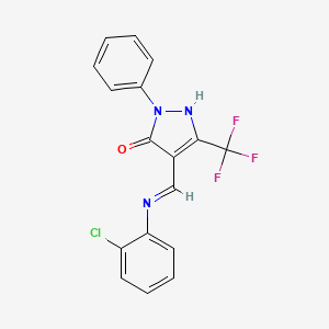 molecular formula C17H11ClF3N3O B2910806 4-[(2-chloroanilino)methylene]-2-phenyl-5-(trifluoromethyl)-2,4-dihydro-3H-pyrazol-3-one CAS No. 477851-29-9