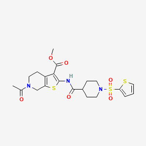 molecular formula C21H25N3O6S3 B2910818 Methyl 6-acetyl-2-(1-(thiophen-2-ylsulfonyl)piperidine-4-carboxamido)-4,5,6,7-tetrahydrothieno[2,3-c]pyridine-3-carboxylate CAS No. 922701-55-1