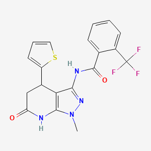 molecular formula C19H15F3N4O2S B2910830 N-(1-methyl-6-oxo-4-(thiophen-2-yl)-4,5,6,7-tetrahydro-1H-pyrazolo[3,4-b]pyridin-3-yl)-2-(trifluoromethyl)benzamide CAS No. 1203320-06-2