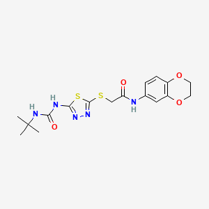 molecular formula C17H21N5O4S2 B2910832 2-((5-(3-(tert-butyl)ureido)-1,3,4-thiadiazol-2-yl)thio)-N-(2,3-dihydrobenzo[b][1,4]dioxin-6-yl)acetamide CAS No. 886940-28-9