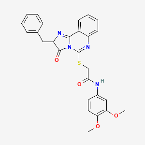 molecular formula C27H24N4O4S B2910852 2-((2-benzyl-3-oxo-2,3-dihydroimidazo[1,2-c]quinazolin-5-yl)thio)-N-(3,4-dimethoxyphenyl)acetamide CAS No. 1053084-85-7