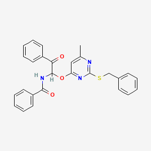 molecular formula C27H23N3O3S B2910858 N-(1-{[2-(benzylsulfanyl)-6-methylpyrimidin-4-yl]oxy}-2-oxo-2-phenylethyl)benzamide CAS No. 392321-54-9