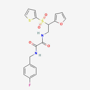 molecular formula C19H17FN2O5S2 B2910871 N-(4-fluorobenzyl)-N'-[2-(2-furyl)-2-(2-thienylsulfonyl)ethyl]ethanediamide CAS No. 896316-46-4